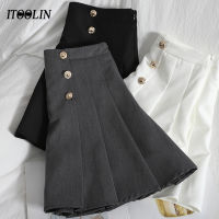 ITOOLIN y2K Pleated Mini Skirts Women Button High Waist School Skirts Female A-line Jupe Femme Harajuku Black All Match Skirt