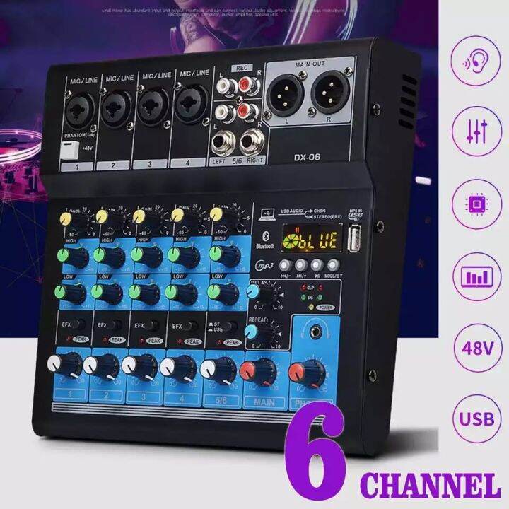 lxjมิกเซอร์-dx-06-มิกซ์เซอร์-6-มืออาชีพ6-ช่อง-usb-บลูทู-ธ-ผสม-dsp-usb-ดีเจเสียงผสม-48-โวลต์ผีพาวเวอร์สำหรับบ้าน-ktv-สดมินิ-หน้าจอดิจิตอลอัดเสียงได้-dx-06