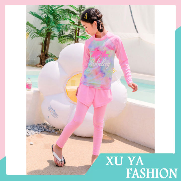 2pcs-girls-swimsuit-long-sleeved-split-fake-two-piece-swimwear-round-neck-tops-trousers-high-elastic-swimsuit-sunscreen-wear