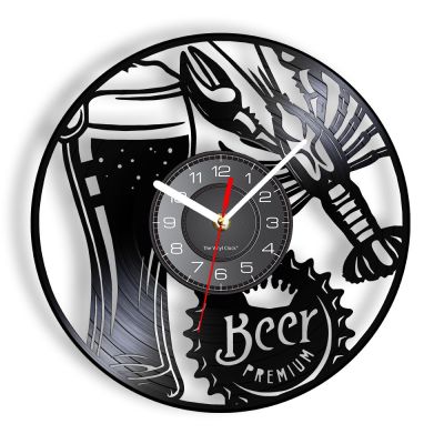 ใหม่ (สไตล์) เบียร์และกุ้งก้ามกรามนาฬิกาติดผนังแบบทันสมัยเบียร์ทะเลอร่อยไวนิลพรีเมี่ยม LP นาฬิกาสว่างเครื่องตกแต่งฝาผนังสำหรับนาฬิการ้านอาหารริมทะเล