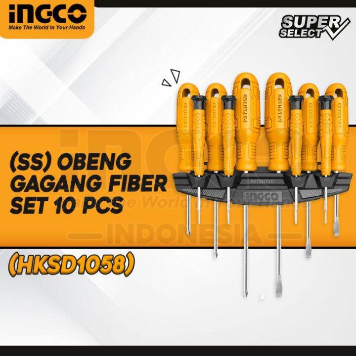 INGCO HKSD1058 obeng set 10 pcs gagang fiber obeng plus obeng min minus ...
