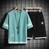 【July hot】 2023 new summer casual sports suit mens short-sleeved two-piece t-shirt fake top