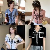 ​พร้อมส่ง​ ​เสื้อครอป เสื้อไหมพรมแขนสั้นคอวี เสื้อผ้าแฟชั่น1567#