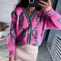 ❦✤ Suninbox Print Pattern Pink Sweater Cardigan Knitted Loose Oversided Cardigans Sweaters Outwear