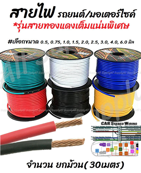 โปรลดพิเศษ สายไฟ /สายไฟรถ #เลือกขนาด 0.5, 0.75, 1.0, 1.5, 2.0, 2.5, 3.0, 4.0, 6.0 มิล (1ม้วน=30 เมตร) มอไซ น็อตแต่ง ชุดสี ซ่อมรถ สายไฟรถ สายไฟอ่อน สายไฟคู่ สายไฟรถยนต์ /สายไฟรถมอเตอร์ไซค์ แบบทองแดงเต็ม