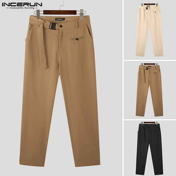 incerun-กางเกงขายาวผู้ชายทรงตรงเรียบง่ายสบายๆหลวมเข็มขัดกางเกงชิโนตัด-สไตล์เกาหลี