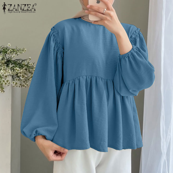 สินค้ามาใหม่-จัดส่งฟรี-fancystyle-zanzea-เสื้อมุสลิมแขนโคมไฟวันหยุดแบบสวมหัว-เสื้อเสื้อเป็นชั้นๆสีพื้น