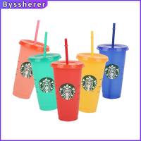 Byssherer 1/5PCS 710ML ถ้วยพลาสติกที่นำมาใช้ใหม่ได้สีเปลี่ยนถ้วยเย็นแก้วพลาสติกไม่มีหูจับพร้อมฝาปิด