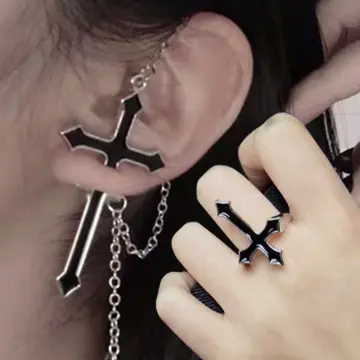 1Pc Black Cross Drop Earring with Chain Ear Cuff Trendy Women