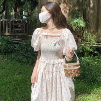 Spot parcel post【 Two-Way Spandex + Cloth 】 Gentle Floral Dress Womens Design Sense Niche Summer Pleated Puff Short Sleeve