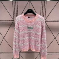 Early Autumn New Bright Silk Pink Intermittent Round Neck Long Sleeve Pullover Knit Top