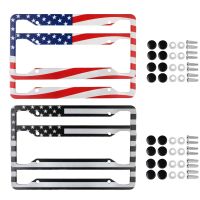 Hot 2pcs Car Parts Stainless Steel USA Flag License Plate Frame Cover For USA Standard Car License Plate Holder