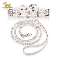 2 Pieces Dog Cat Imitated Pearl Collars Leash Set, Pearl Rhinestone Collar and 4 ft Stainless Steel Wire