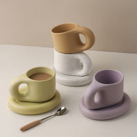 300ml Personalized Ceramic Cup and Saucer Creative Handmade Fat Handle Mug with Oval Plate Coffee Tea Milk Cake Cup