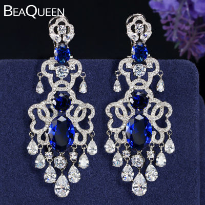 BeaQueen Royal European Design Blue Cubic Zirconia and White Crystal Tassel Drop Super Big Dangling Earrings for Women E039