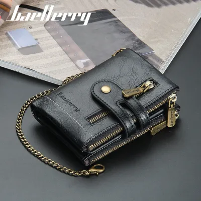 New Men Wallets PU Leather Short Card Holder Chain Luxury Brand Mens Purse High Quality Classic Retro Male Wallet
