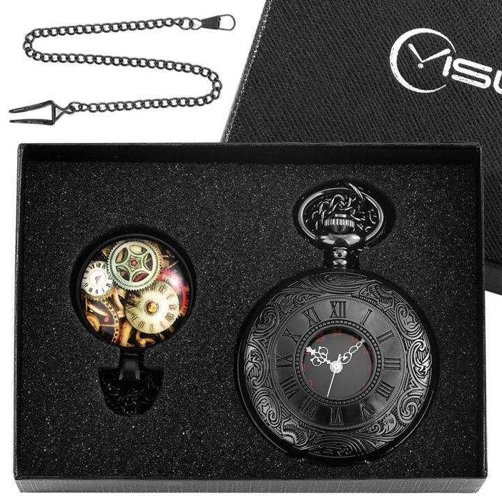 ชุดของขวัญนาฬิกาพกหรูตัวเลขสีบรอนซ์-สีดำ-สีเงิน-โรมันเฟืองสตรีมพังค์ของขวัญสร้อยคอจี้ประดับแบบย้อนยุค