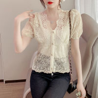 2021 Summer New Lace Short-sleeved V-neck Cardigan Shirt