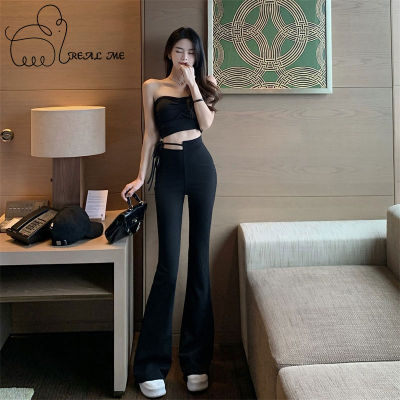 กางเกงขายาว กางเกงเอวสูงขากระบอก แฟชั่นสไตล์เกาหลี  กางเกงไมโครแฟลร์เอวสูง กางเกงขายาว