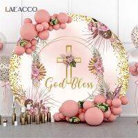 Aleacco God Bless ดอกไม้ Gold Dots Custom รอบการถ่ายภาพพื้นหลัง Baby Shower Holy Communion Party Custom Circle BackdropM