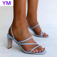 2021 Womens Sandals String NEW Summer Fashion Sweet Narrow Band PU Solid Stiletto Heels Sandals Retro Zapatos De Mujer y