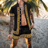 【CW】☇▪✇  2022 Men Sets Print Patchwork Lapel Short Sleeve Shirt Beach Shorts Streetwear Vacation Hawaiian Suits S-3XL