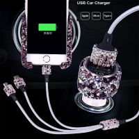 ㍿ Rhinestone Crystal Car Cigarette Lighter Fast Charging 3 in 1 USB Data Cable For iPhone Android Micro Type C Mobile Phone Cables