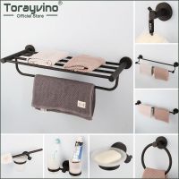 Torayvino ชุดอุปกรณ์ห้องน้ำสีดำราว304ผ้าเช็ดตัวสแตนเลสราวแขวนที่ใส่สบู่บาร์ตะขออุปกรณ์ในห้องน้ำแปรงห้องน้ำ