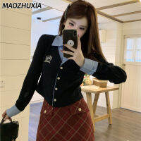 MAOZHUXIA เสื้อโปโลแขนยาว2ชิ้น,เสื้อเชิ๊ตเข้ารูปปักลายสำหรับผู้หญิงเสือสไตล์เรียบร้อยฤดูใบไม้ร่วงเสื้อเอวลอย