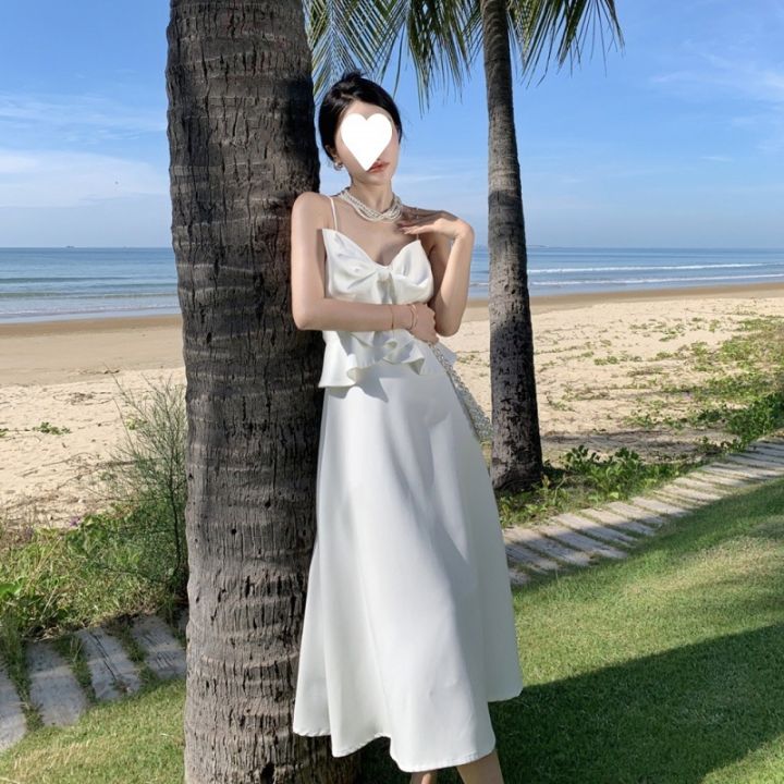 the-seaside-resort-v-neck-bowknot-shape-the-new-spring-and-summer-skirt-with-shoulder-straps-female-long-dress-in-the-white-word