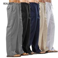 Mens Cotton Linen Pants Loose Multi-Pocket Sweatpants Elastic Waist Long Pant Casual Large Size Streetwear Lightweight Trousers