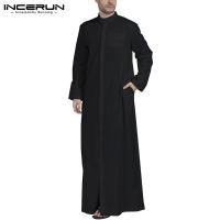 INCERUN Men Muslim Clothes Solid Color Jubba Thobe Long Sleeve Stand Collar Robes Dubai Middle East Men Islamic Arabic Kaftan