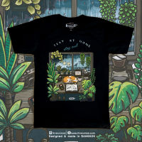 Stay at Home "Stay Cool" on Black T-shirt เสื้อยืดสีดำคุณภาพ premium cotton100 comp  เสื้อยืดพรีเมี่ยม ลายแมวขี้เซากับต้นไม้