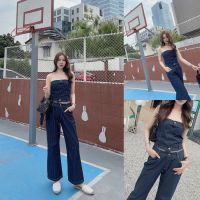 SLYQ INDIGO STRIPE DENIM TUBE TOP &amp; PANTS SET เซ็ตเสื้อเกาะอกกับกางเกงขายาวผ้ายีนส์ลายทาง