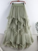 SURMIITRO Long Pleated Tulle Skirt Women 2023 Summer Korean Irregular 3 Layers Mesh Laciness A Line High Waist Maxi Skirt Female