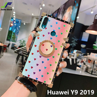 JieFieเคสโทรศัพท์รูปหัวใจแฟชั่นสำหรับHuawei Y9 2019,เคสหลังโทรศัพท์ซิลิโคนTPUสีเหลี่ยมระยิบระยับพร้อมขาตั้งพับได้