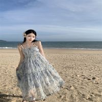 Fairy mountain fog misty rain blue-gray shading of new Chinese style cake condole belt skirt dress female seaside holiday