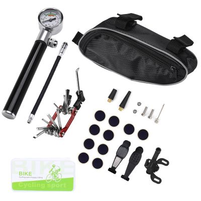 Bike Tyre Repair Tool Kit - Bicycle Tool Kit with 210Psi Mini Pump Multi-Tool with Chain Breaker 1Portable Bag Wrench
