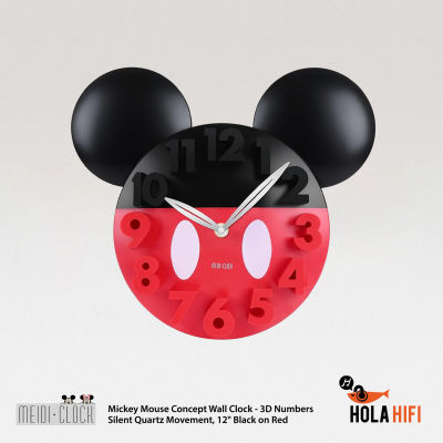 MEIDI CLOCK Mickey Mouse Concept Wall Clock - 3D Numbers, Silent Quartz Movement, 12" Black on Red - นาฬิกาแขวนผนัง
