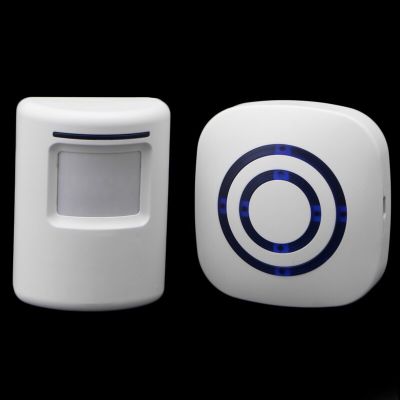 ：“{—— Wireless Infrared Motion Sensor Door Security Bell Alarm Chime EU/US Plug 3 AAA Batteries Not Included
