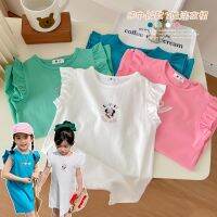 Girls Dress Mid-Length T-shirt  2023 Summer New Girls Baby Fashionable Korean Style Cartoon Flounced Sleeve Vest Dress