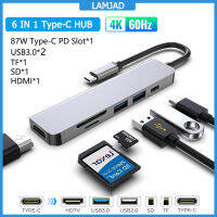 HDM IประเภทC 6 in 1 Hub 6พอร์ตPD 87Wชาร์จ2พอร์ตUSB 3.0 4K HD TF Cardการ์ดSDตัวอ่านไมโครการ์ดอะแดปเตอร์ความเร็วสูงแล็ปทอปแมคบุ๊คMatebookโทรศัพท์