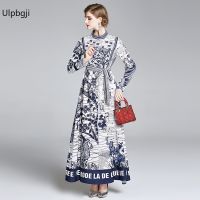 Women Autumn Elegant Long Dress Long Sleeve High Waist Button Belt Bow Dress Robe Ladies Vintage Pattern Print Maxi Dresses