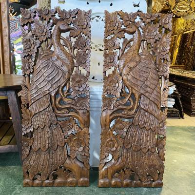 (1 คู่) Set Peacock Teak Wooden Carved แผ่นไม้สัก ไม้สักแกะสลัก ลายนกยูง ขนาดต่อชิ้น 90x35x3 cm. แผ่นไม้สักฉลุ ไม้ติดผนัง Wall Hanging