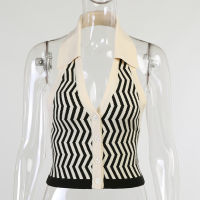 Y2k Striped Printed Button Knit Halterneck Sweater Vest Women Sexy Open Back Korean Fashion Streetwear POLO Neck Camisole