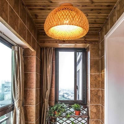 Bamboo Wicker Rattan Light Fixture Flush Mount Hanging Ceiling Lamp for Living Room Bedroom Dining Room