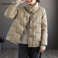 ZZOOI Schinteon Women Light Down Jacket Simple Casual Solid Color Stand Collar Short Outwear Autumn Coat Female New 2023 Fashion