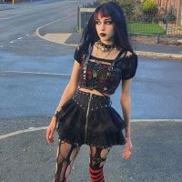 ‘；’ Japanese Style Kawaii Black Harajuku Gothic Skater Cosplay Mini Skirts Zipper Front Womens Punk Vintage High Wasit Skirt