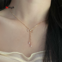 Bow Tassel  Pendant Necklace Sterling Silver Plated with 14K Gold  Female Girl Personality Superior Sense Sweater Chain Ins