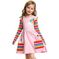 Children Rainbow Cotton Unicorn Dress Girl Long Sleeve Haliday Casual Clothes Kids Spring Cute Dress Pink Blute Clothing 3-8T